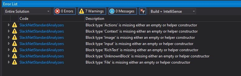 A view of Visual Studio warnings that were generated by the analyzer code