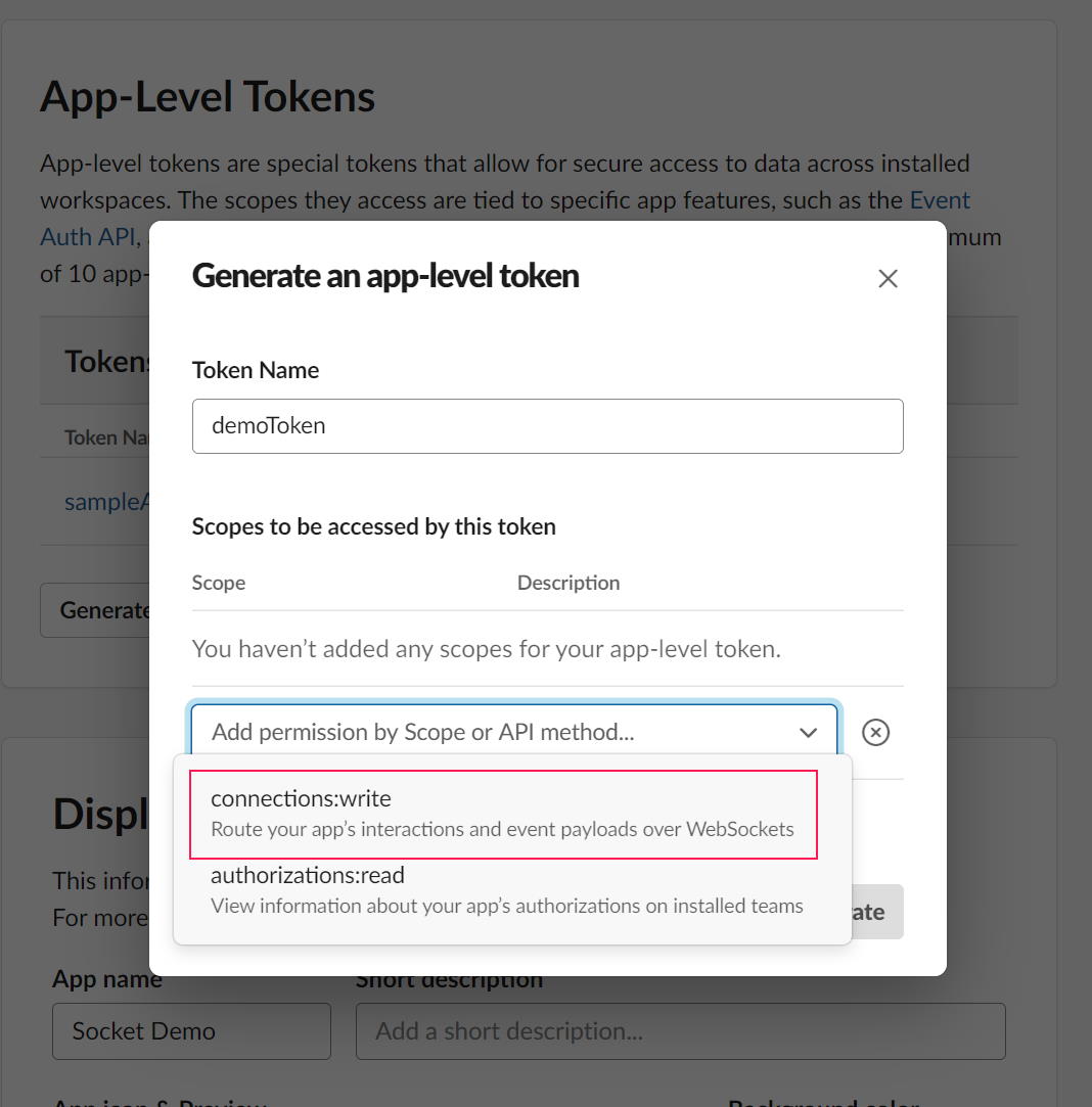 A screenshot showing the slack app token options